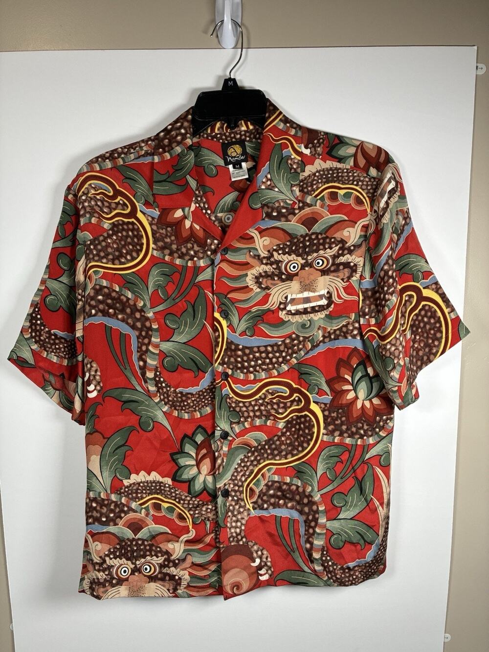 Anne Namba M 100% Silk Camp Shirt Red Dragon Foo Dog Print Short Sleeve Hawaii